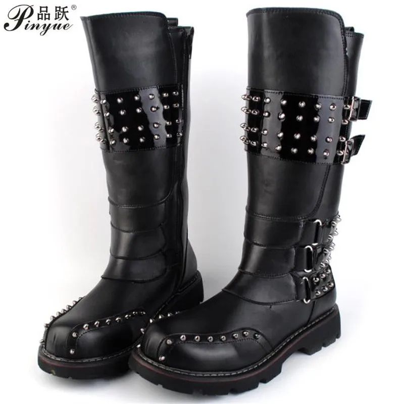 punk Over Knee High Boots Mens Military Boots Natural Cow Leather Men Long Waterproof Snowboots Equestrian Motocycle Boots