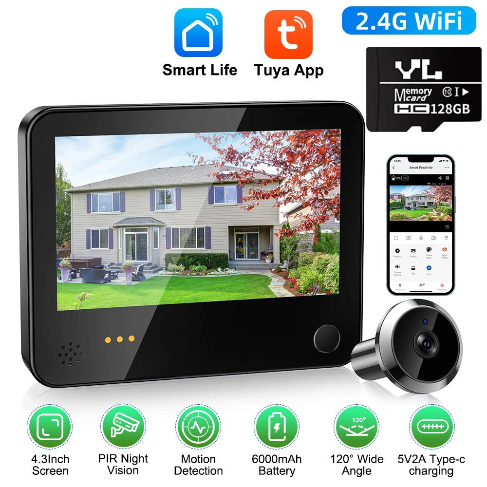 Wifi Smart Tuya Peephole 6000mAh Doorbell Video Intercom Night Vision Door Eye Camera PIR Motion Detection Record Video