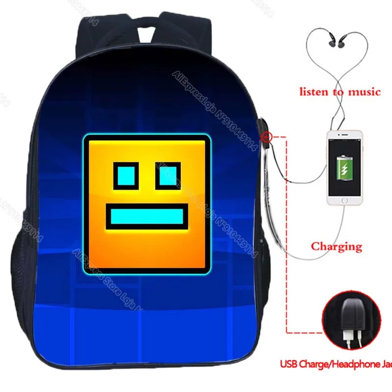 Angry Geometry Dash USB Backpacks for Girls Boys Students Anime Game School Bags Teens Travel Knapsacks Kids Cartoon Bookbags