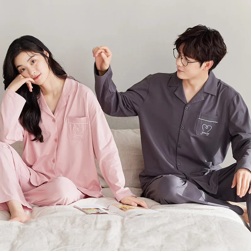 Couple Cardigan Sleepwear Autumn Long Sleeve Long Pants 100% Cotton Pajamas Set for Men Woman Fashion Loungewear Young Lover Pjs