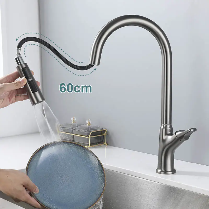 Deck Mount One Hole Pull Down Sink Faucets Modern Double Function Kitchen Sink Faucet Single Handle Cold Hot Mixer Taps Gray