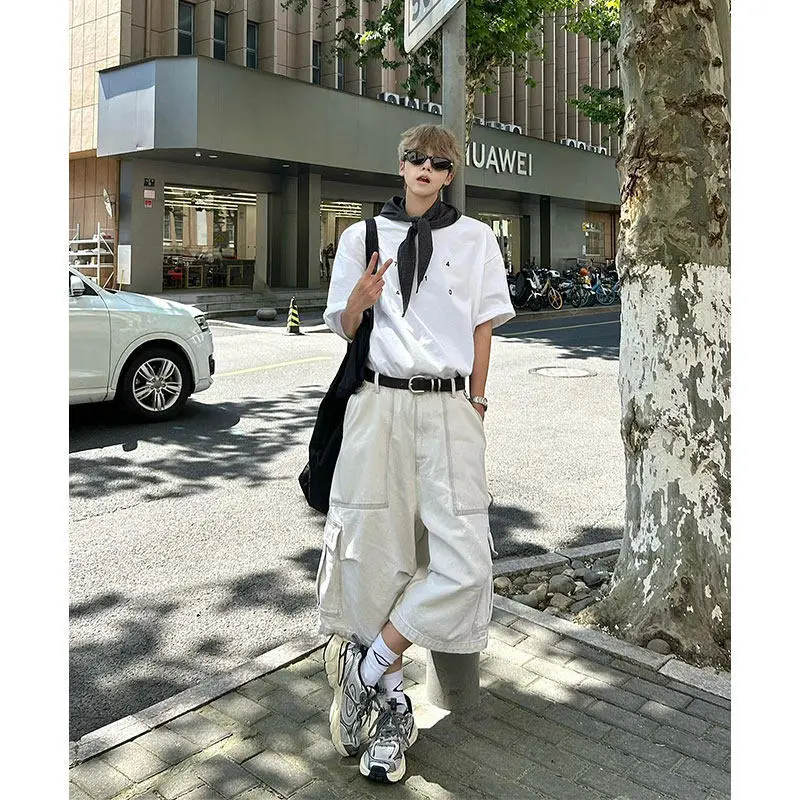 

2026 New Summer Men's American Vintage Cargo Shorts With Large Pockets Design Loose Wide Leg Knee Length Capri Pants