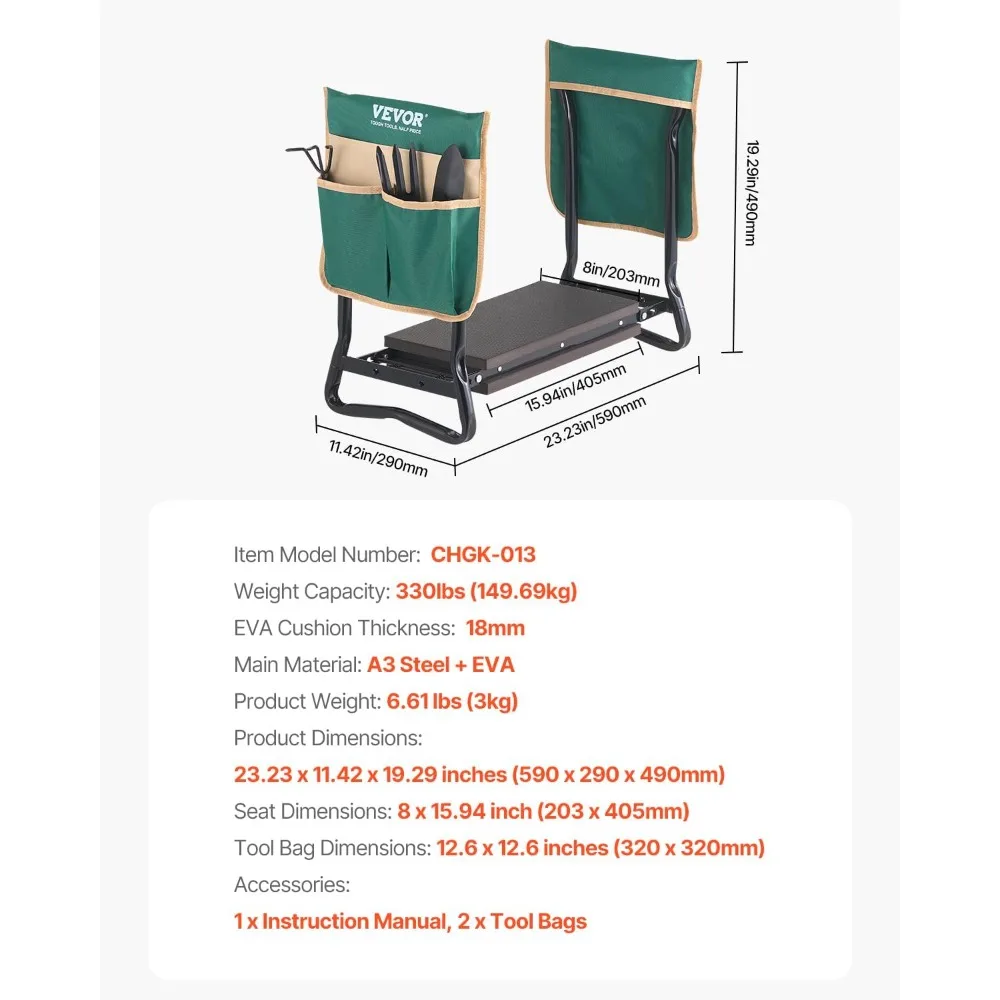 مقعد ركوع للحديقة قابل للطي مع وسادة EVA مقاس 8 بوصات، وحقائب أدوات شديدة التحمل، وتخفف آلام الظهر في الركبة للنساء المسنات