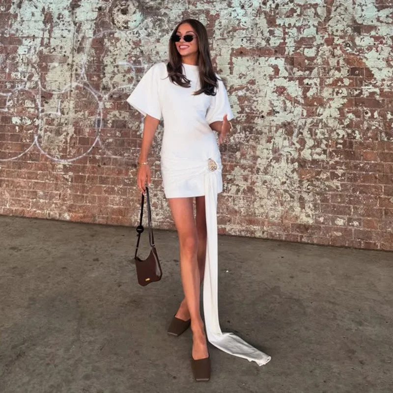 Metal Buckle Ruched Ribbon Women Sexy Mini Dress Solid O Neck Short Sleeve Bodycon Club Party Dresses Casual Streetwear Outfits