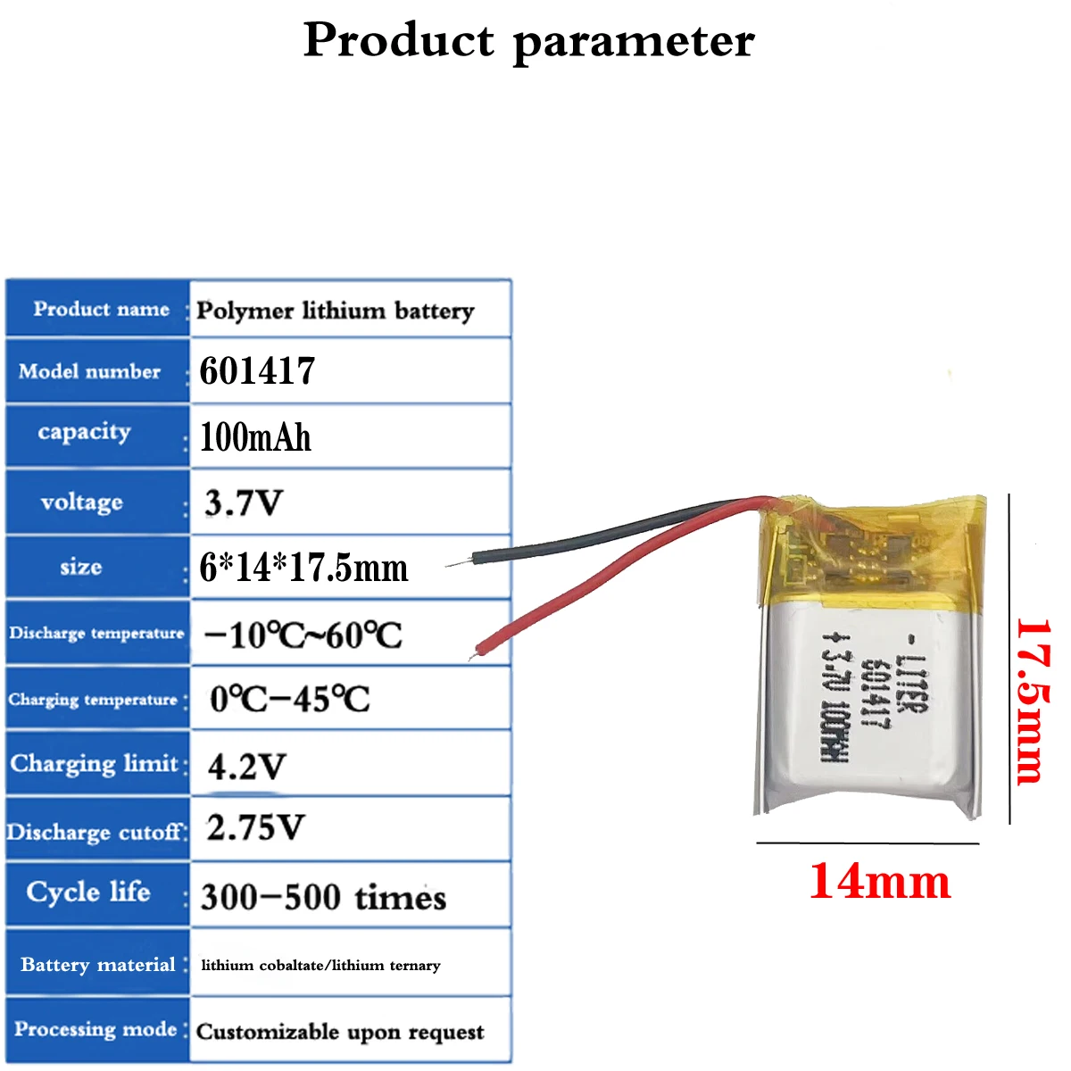 Liter energy battery 3.7V polymer lithium 601417 100MAH small toy Bluetooth  speaker remote control aircraft