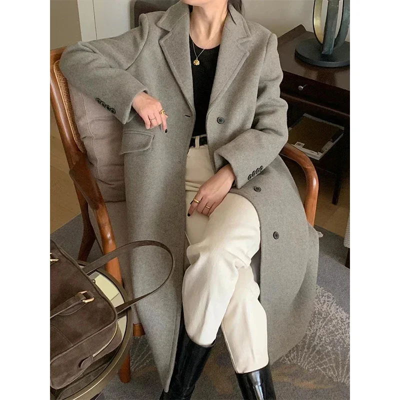 MEXZT Long Wool Blends Coats Women Streetwear Black Woolen Jackets Elegant Commute Blazer Overcoat Winter Korean Chic Outerwear