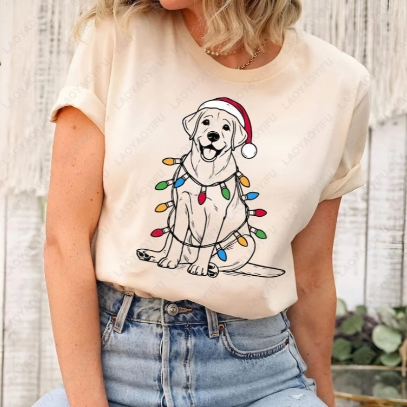 Festive Santa Labrador Cotton Shirt Christmas Dog Lover Retriever Gift Tops Holiday Xmas Hat Unisex Graphic O-neck Printed Tee