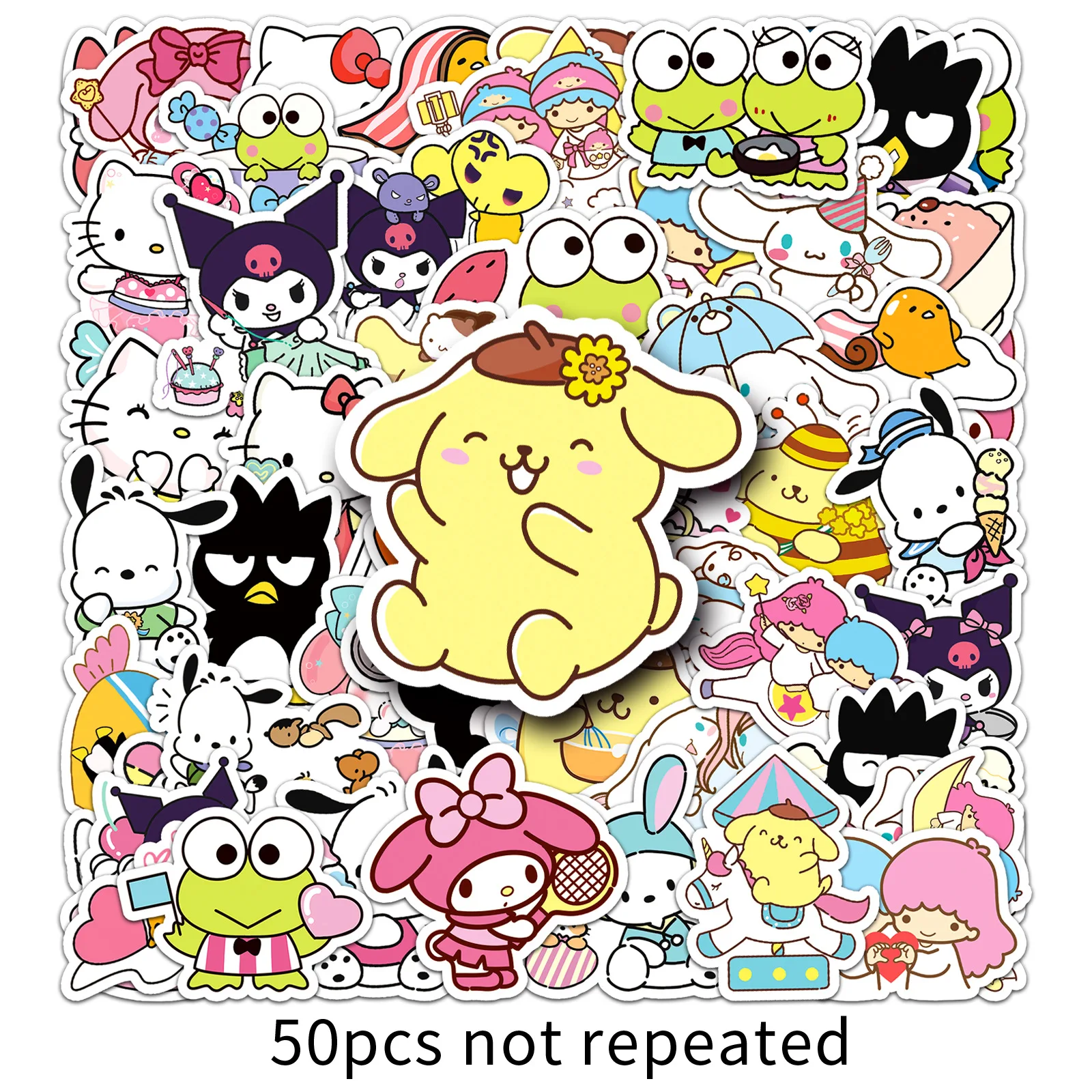 2024 New Variety of 50pcs Sanrio Family Cute Hello Kitty Kuromi Cinnamoroll Melody Children\'s DIY Bright Film Waterproof Sticker