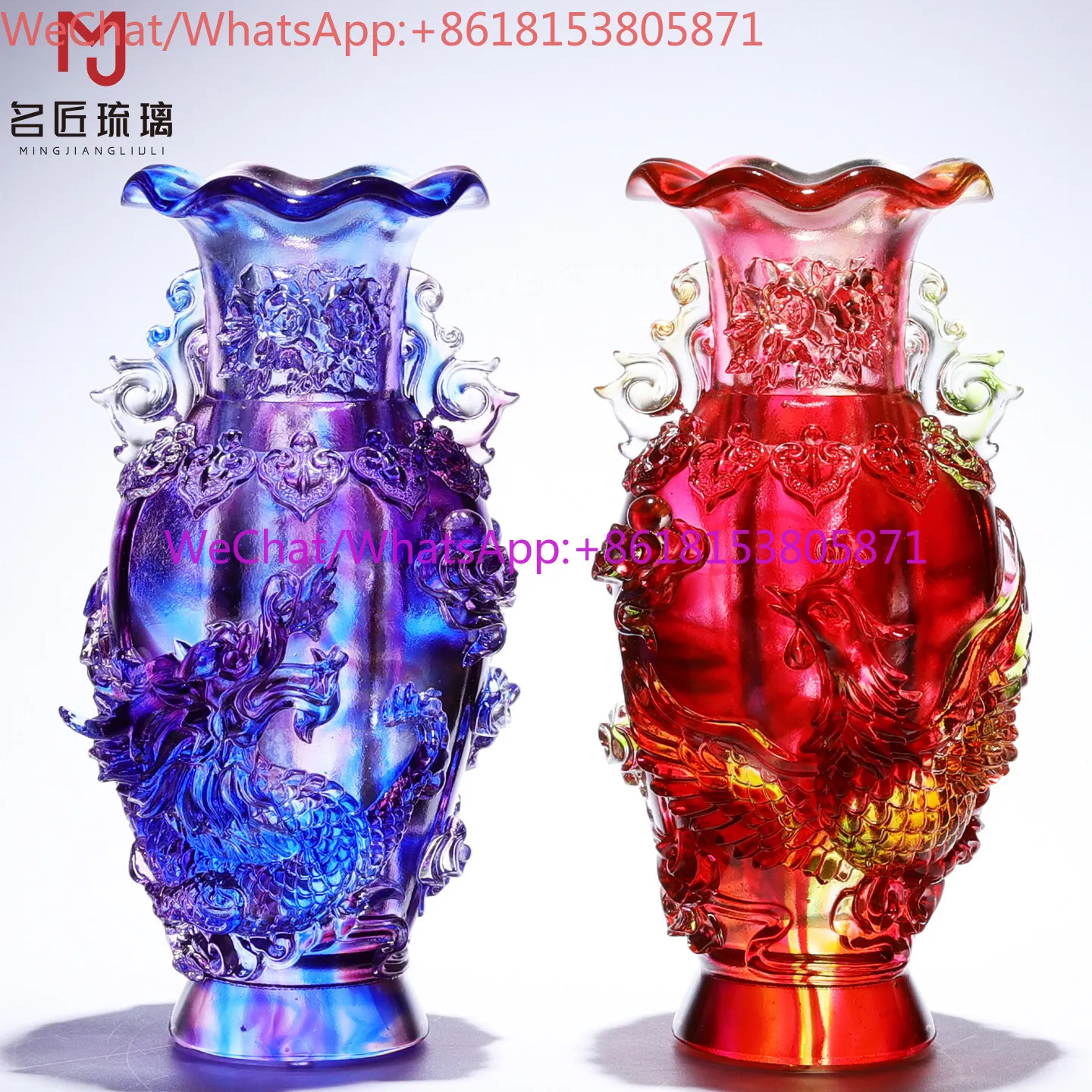 Chinese ancient glass dragon and phoenix vase ornament, a pair of living room flower arrangements for friends
