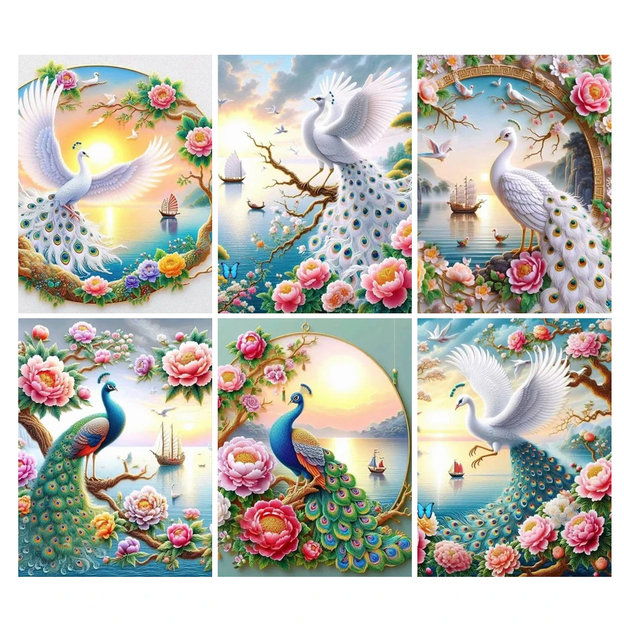 Diy Full Mosaic Art Peacocks Peony Flower Lake Diamond Painting New Collection Scenery Rhinestone Embroidery Animals Picture