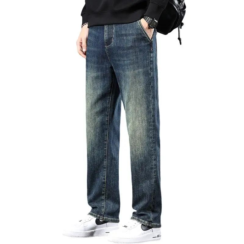 Men's four season high stretch business straight leg jeans, loose plus size, fat guy trendy and versatile, mid high waist jeans