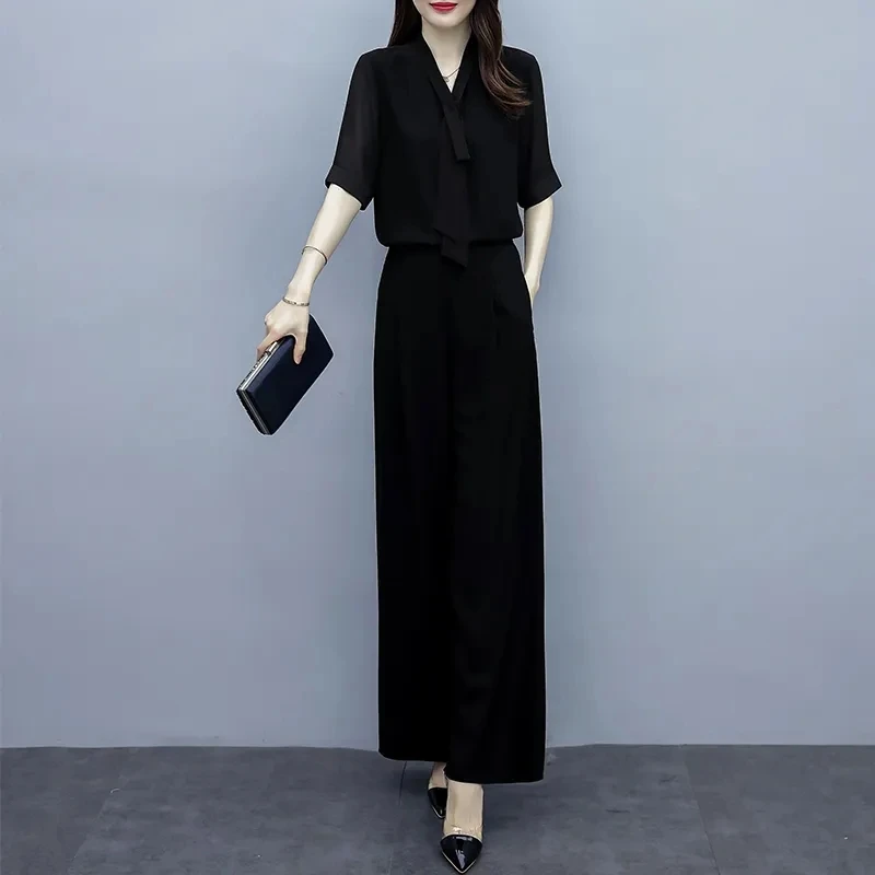 Elegant Women Outfits Spring Summer Wide Leg Pants Black Suits OL 2 Piece Sets Korean Loose Tops And Trousers Female Casual 2PCS