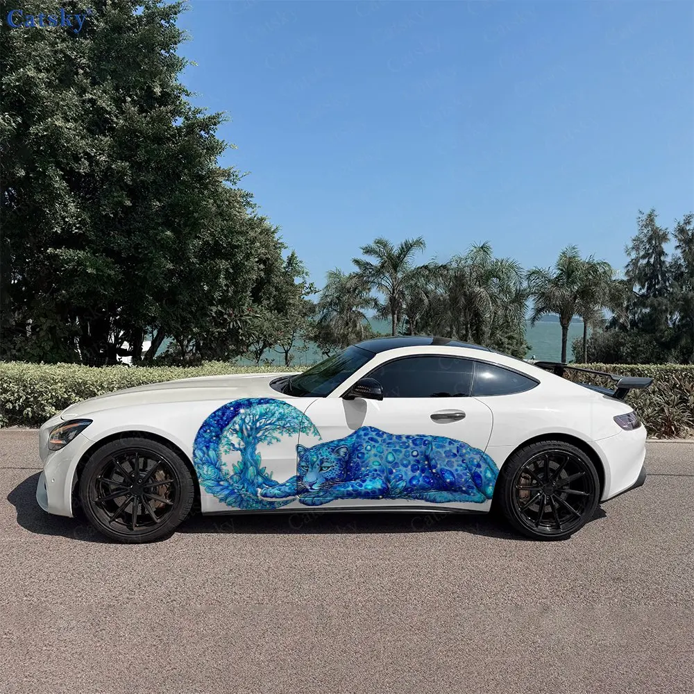 2pcs Wave Fantasy Leopard Car Side Wraps, Self-Adhesive PVC Waterproof & Scratch-Resistant Stickers, Car Accessory Gift