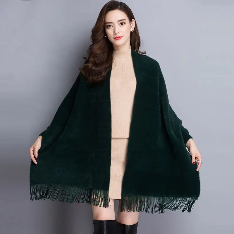 Mink velvet cape jacket women autumn and winter mid-length all-match cashmere tassel cape cape with sleeves poncho women coat