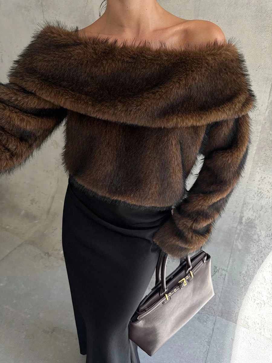 LIMO Off Shoulder Faux Fur Blouse Women Loose Long Sleeve Fluffy Plush Crop Top