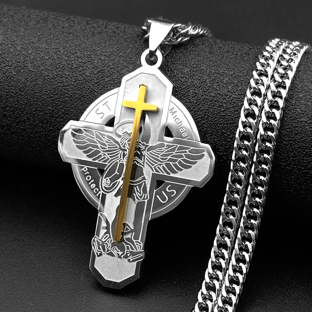 Collier pendentif croix de l'archange Saint-Michel Protège-nous pour femmes et hommes, en acier inoxydable, couleur argent, amulette, bijoux