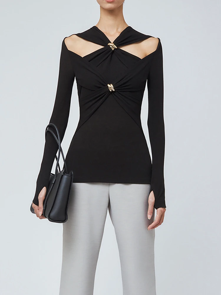 

STUDIO Sexy Slim Fit Knitted Base Layer Hollow out oulder Bared Long Sve Women's Top V-Ne Regular Length Autumn