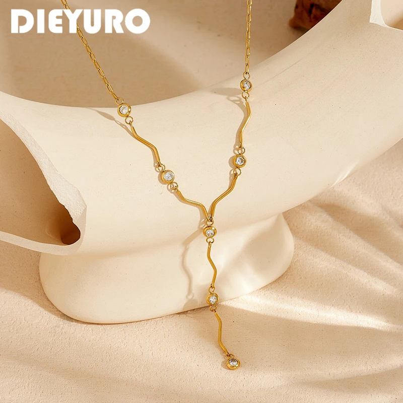 DIEYURO Elegant Round Zircon Y Shape Chain Necklace Lady PVD Gold Plated Stainless Steel Necklace Fashion Weddings Jewelry Gift