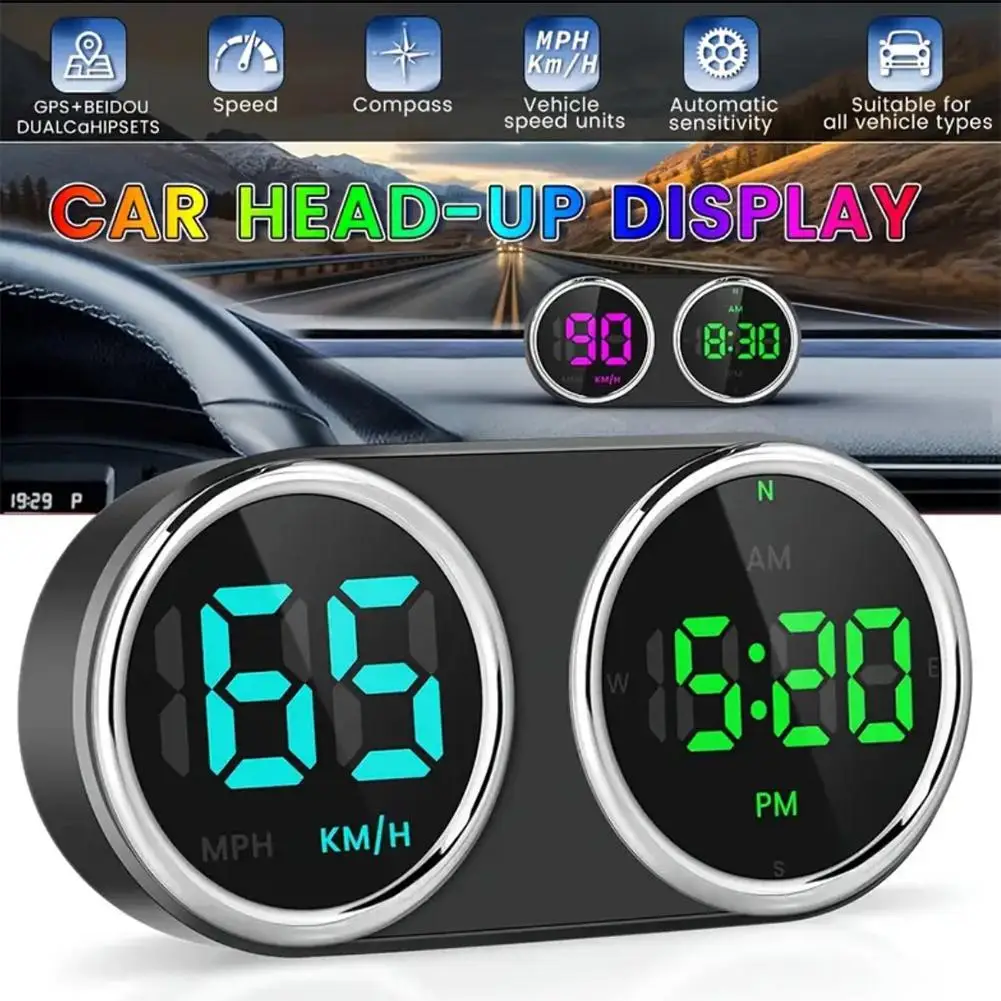 

GPS Digital Speedometer With Time Clock GPS HUD Over-speed Alarm KMH MPH Speed Meter 7-Color For All Cars Plug And Play