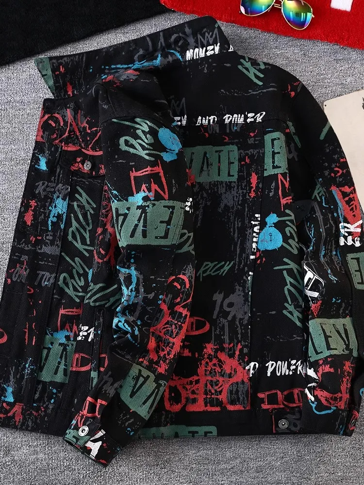 Casual Loose Men's Denim Jacket Spring Autumn Trendy Graffiti Style Youthful Popular Workwear Jacket Anti-Wind Long Sleeve