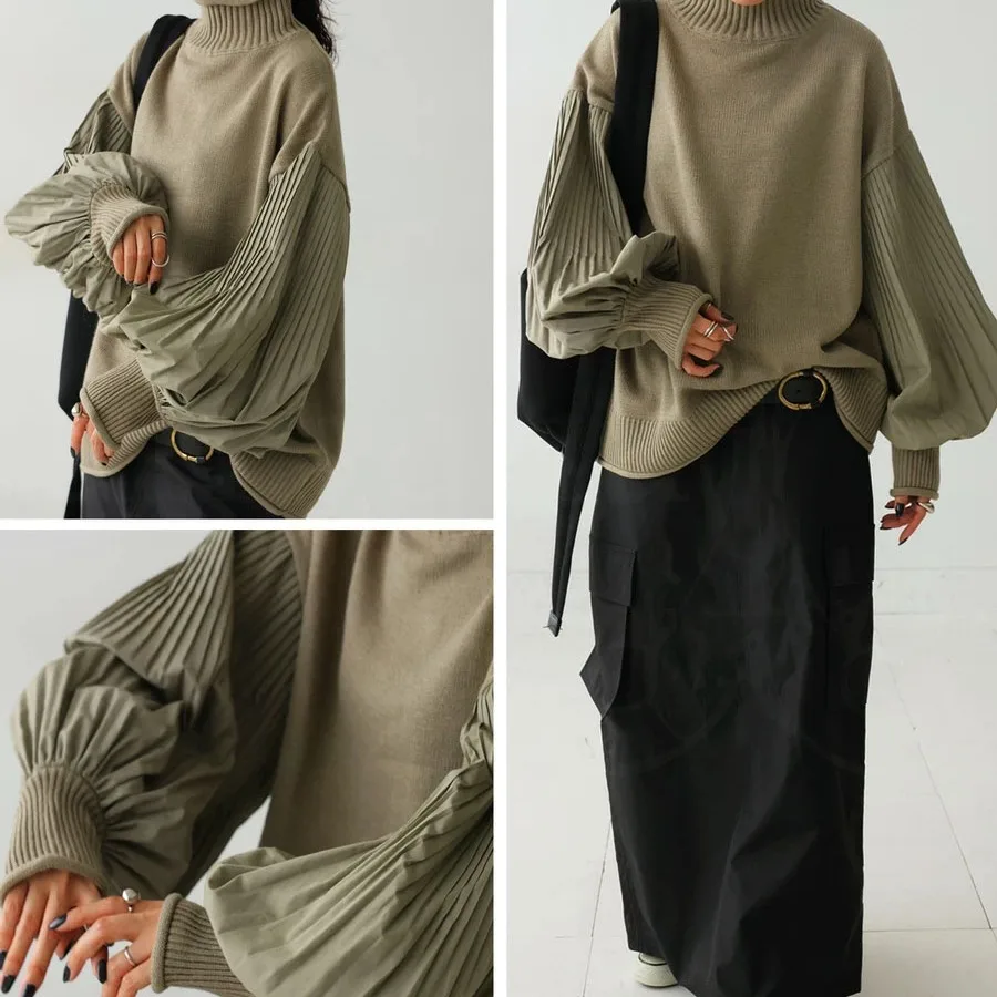 Casual malha gola alta retalhos plissado Sve solto lazer camisola de malha feminina Faion outono primavera temporada longa S...