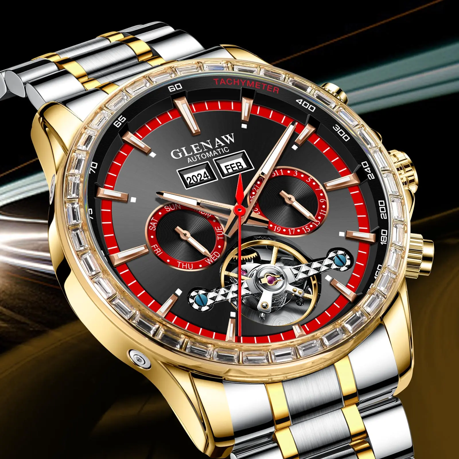 

Высококачественные деловые полностью автоматические механические многофункциональные часы Glenaw для мужских модных водонепроницаемых часов