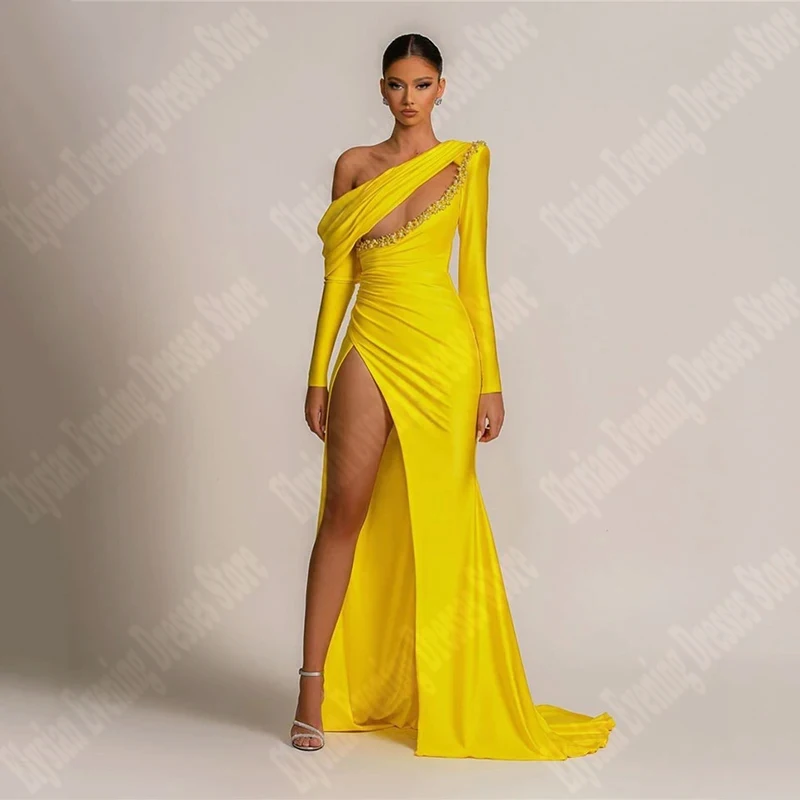 Robes à paillettes simples pour les occasions formelles, robe de sirène, col oblique, fente haute, jaune doré vif, sexy, fête éducative