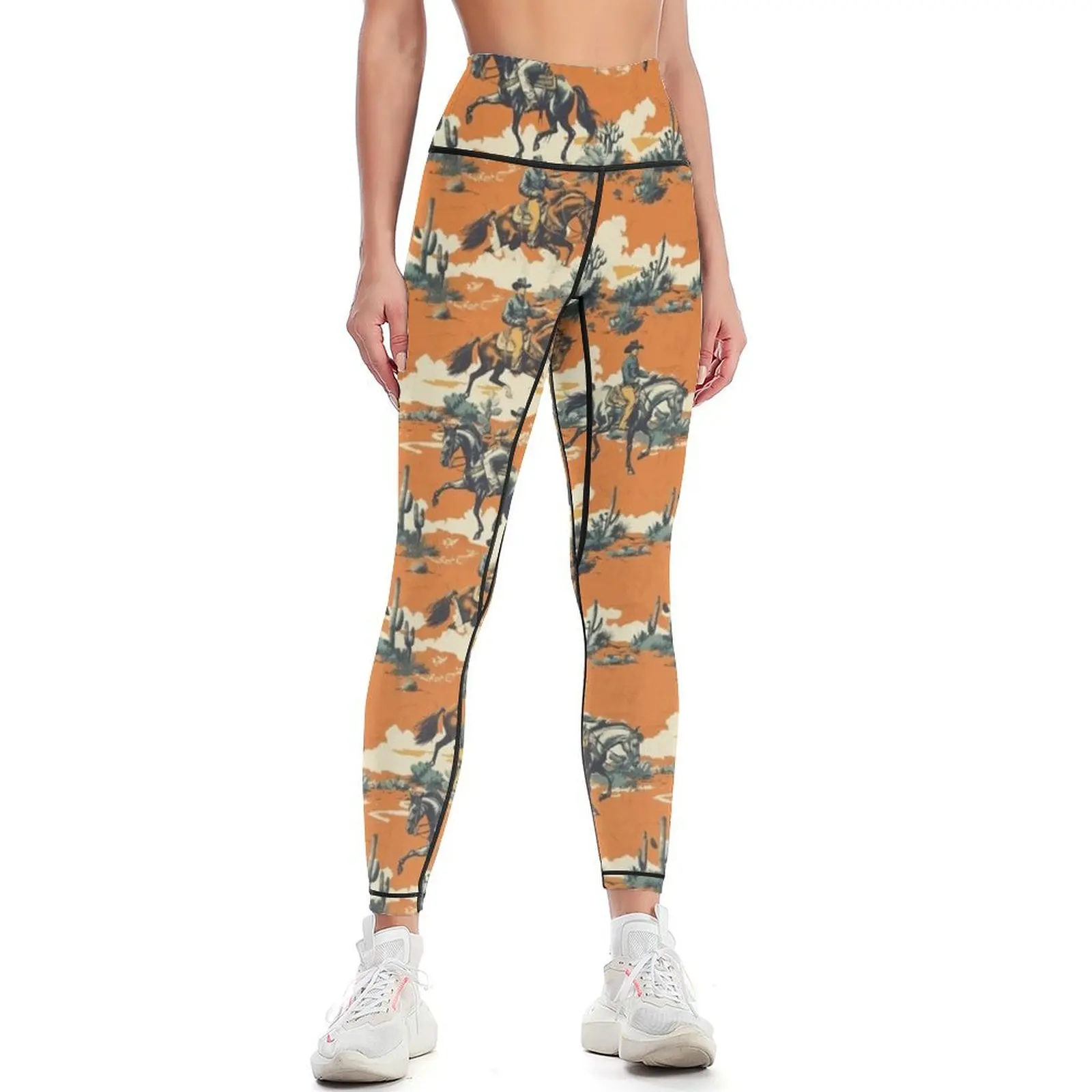 

Sunset Trails: Vintage Cowboy Print on Orange Leggings Women's trousers flared Sportswear woman gym Jogger pants Womens Leggings