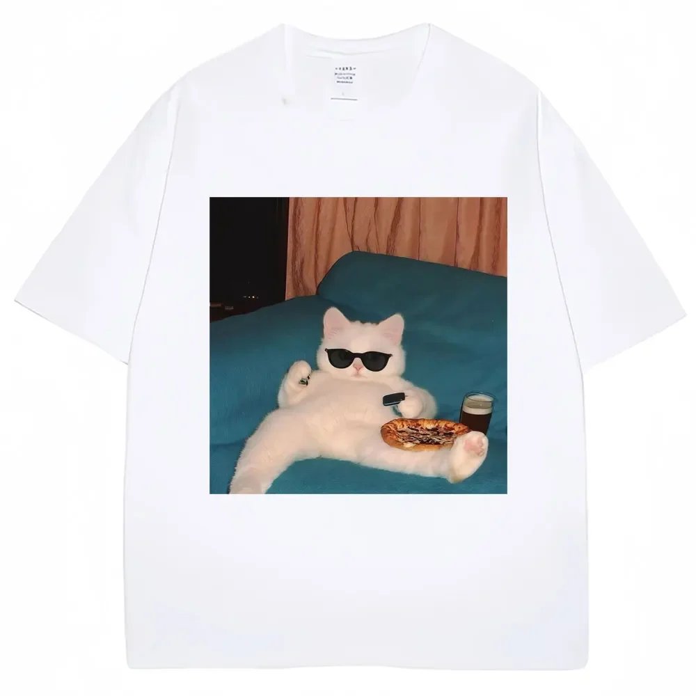 Camisetas divertidas para mujerescon gafas para gatos y camisetas informales relajadas de kawaii con pizzas creativas y de moda