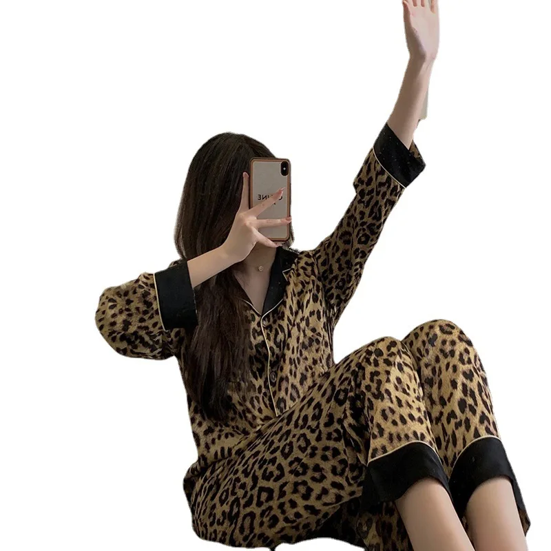 Women\'s Spring And Autumn Pajamas Two-Piece Set Of Women Loose Fashion Leopard Print Long-Sleeved Ladies Upscale Homewear Suit