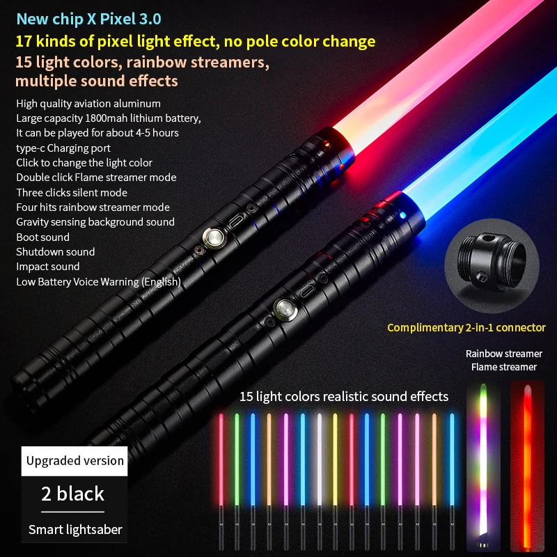 REikirc 2 In 1 Lightsaber 17 Pixel 15 Colors Light Effects Light Saber Metal Laser Sword Rechargeable Toys Party Luminous Swords