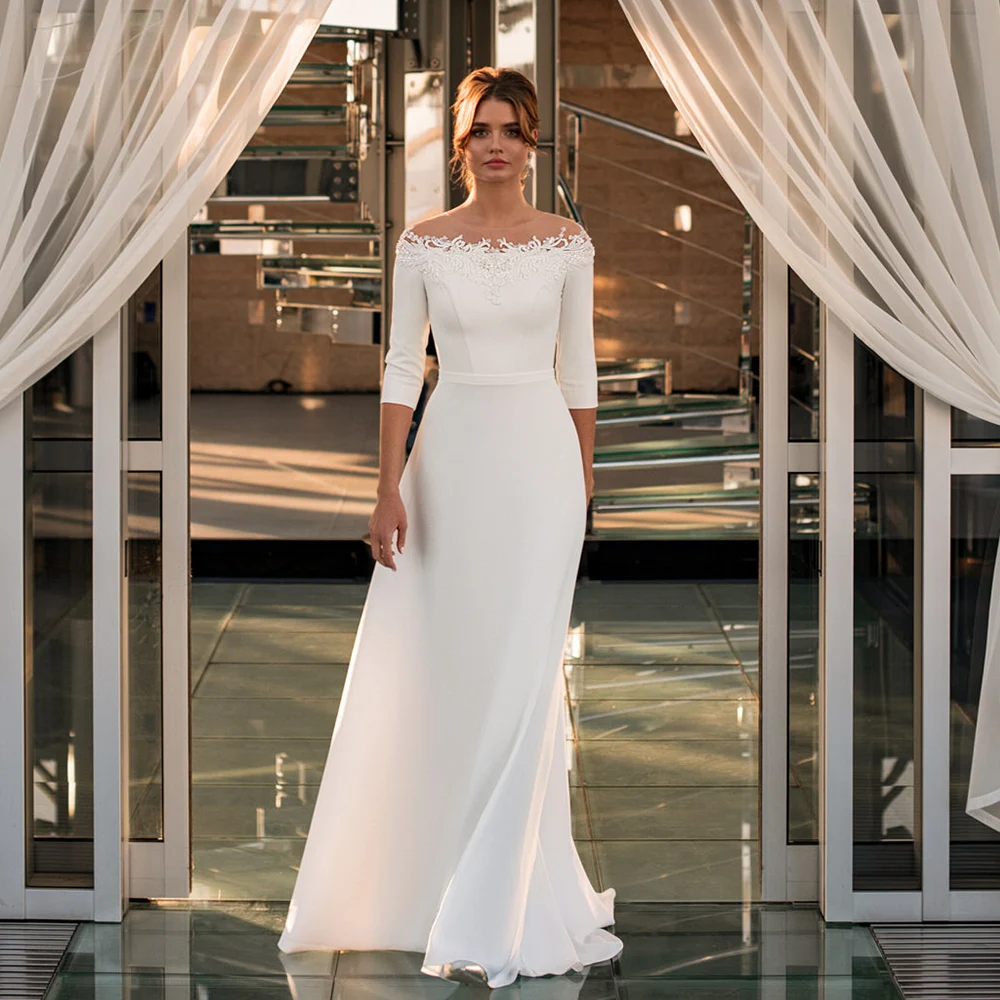 Vestido de noiva elegante para as mulheres sereia cetim 3/4 manga colher pescoço apliques trem varredura vestidos de noiva robe novia feito sob encomenda