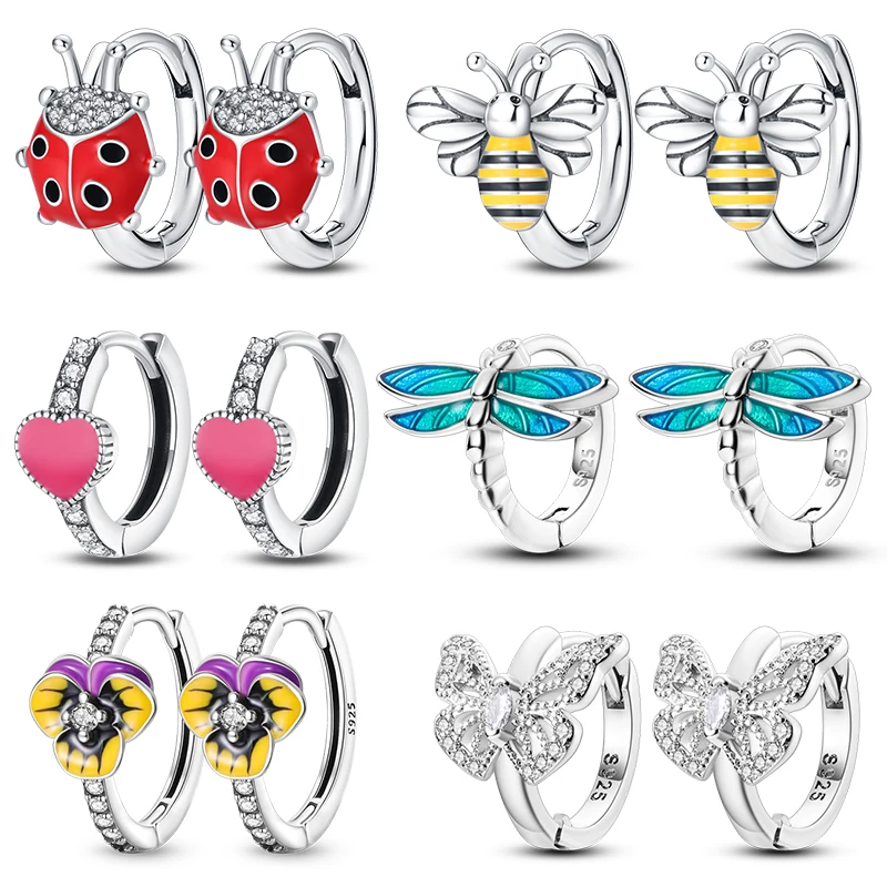 

2024 Spring Hoop Earrings For Women Real 925 Sterling Silver Ladybugs Bees Butterfly Dragonflies Insect Earrings Fine Jewelry