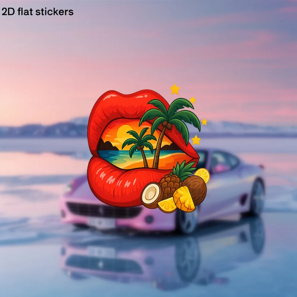 

A Car Sticker Featuring Vibrant Sunset Lip Design Against Tropical Background Perfect for Cars Motorcycles Laptops Water