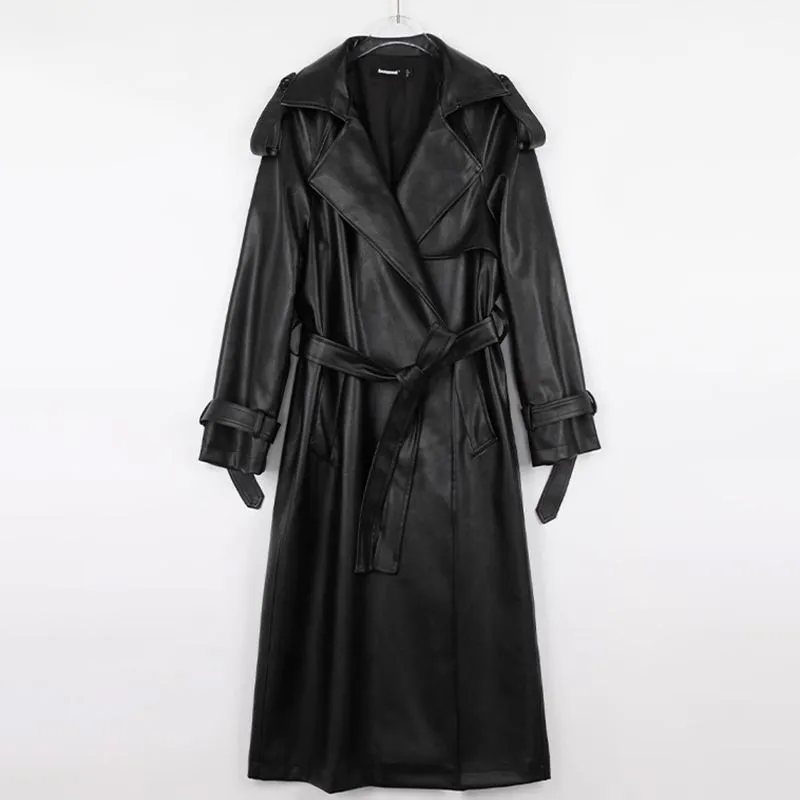 Spring Autumn Extra Long Waterproof Black Soft Pu Leather Trench Coat for Women Belt Floor Length Luxury Overcoat