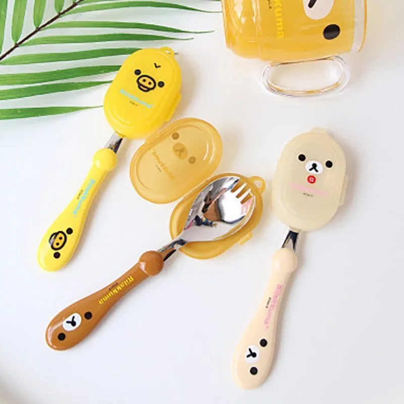Rilakkuma łyżka widelec zintegrowany nowe Anime zrelaksowany niedźwiedź miarka do jedzenia dla dzieci chochla do karmienia dzieci szkoła piknik zastawa stołowa akcesoria prezent