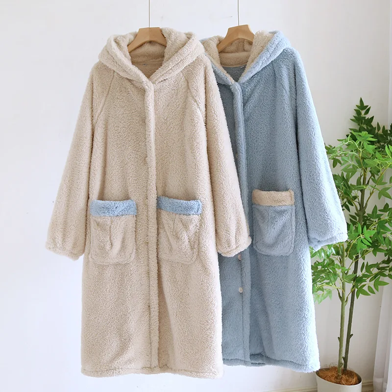 

Autumn Winter Flannel Hooded Nightgown Cardigan Women's Fleece Thickened Winter Warm Coral Fleece Sleepwear Pajamas