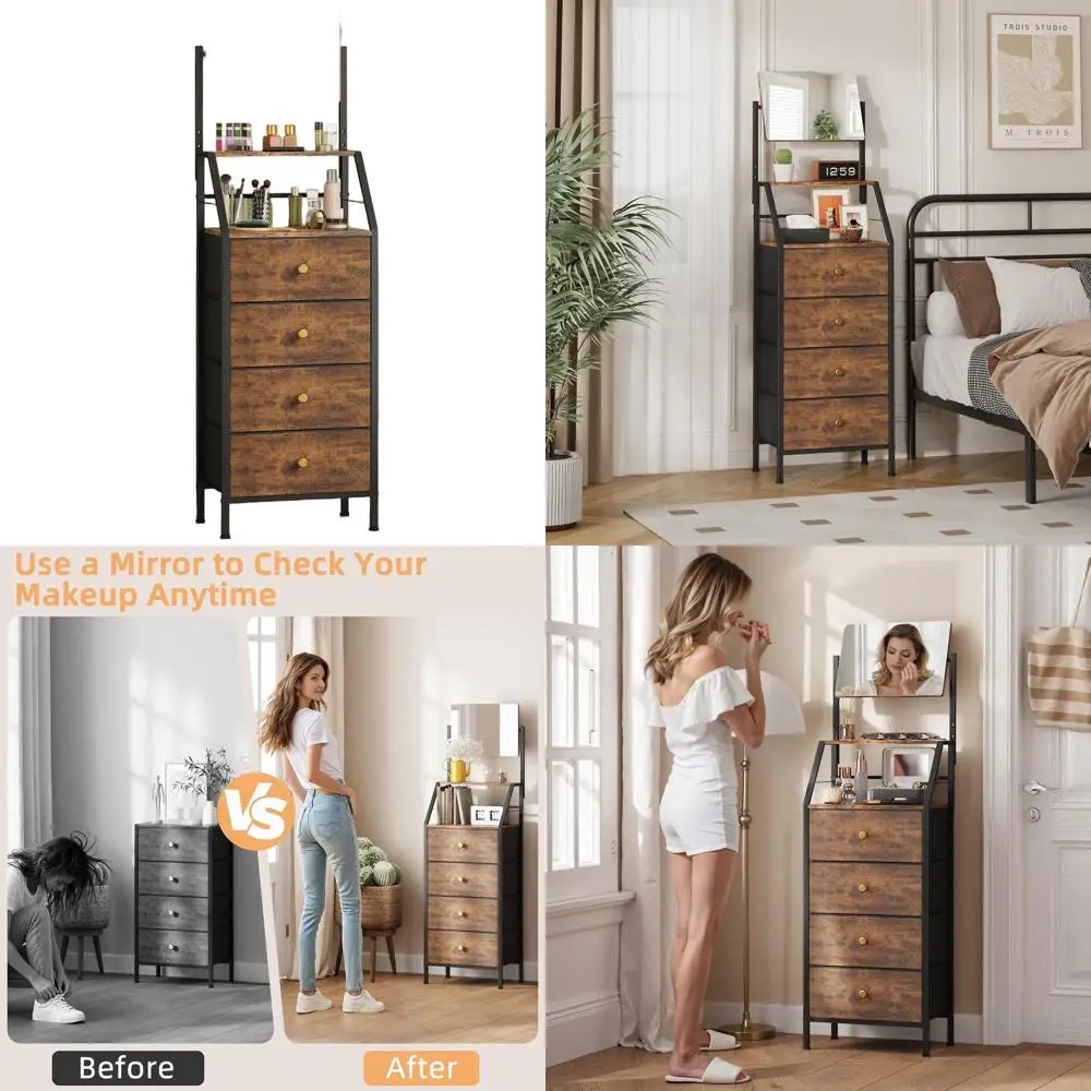 

Высокая узкая тумбочка коричневого цвета в деревенском стиле с 4 ящиками и двухуровневыми полками для небольших помещений