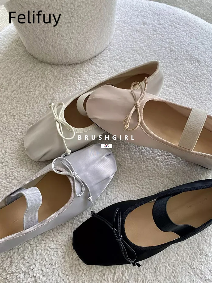 

Белые, черные балетки на плоской подошве с бантом, туфли Мэри Джейн с круглым носком, домашние атласные французские туфли на плоской подошве в стиле ретро, женская повседневная обувь