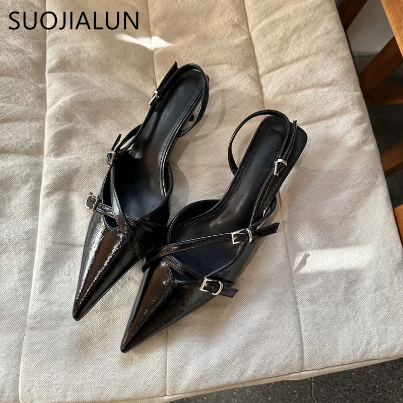 SUOJIALUN 2024 Spring New Brand Women Sandal Fashion Pointed Toe Slip On Shallow Slingback Sandal Thin High Heel Pumps Shoes