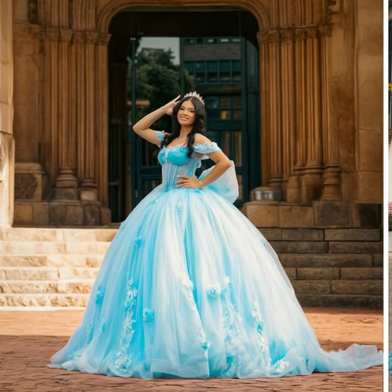 

Customized blue Quinceanera Dresses Off the Shoulder glitter decal Long tail Lace 3D flower Bow Vestido 15 Quinceanera