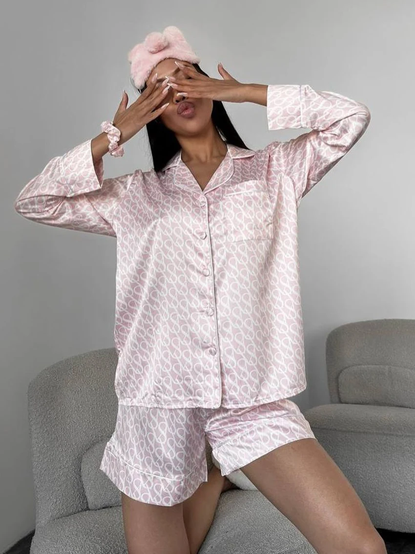 Marthaqiqi Printing Loose Female Nightgowns Suit Long Sleeve Nightwear Turn-Down Collar Pajama Shorts Causal Women Sleepwear Set