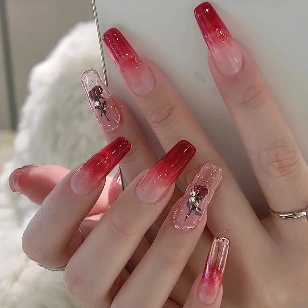 Long Ballerina False Nails with Designs Gradient Blood Red Fake Nails Press On Nails French Coffin Rose Flower Nail Tips