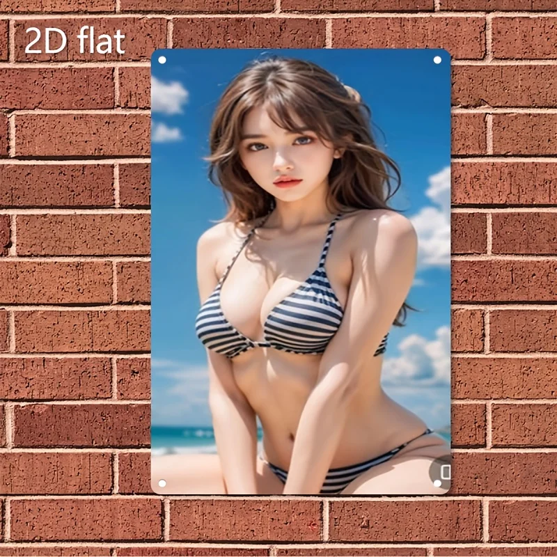 Retro Tin Poster Wall Decor，Metal Wall Art Sign - Female Face & Beach Woman Poster - Durable Iron Metal Poster