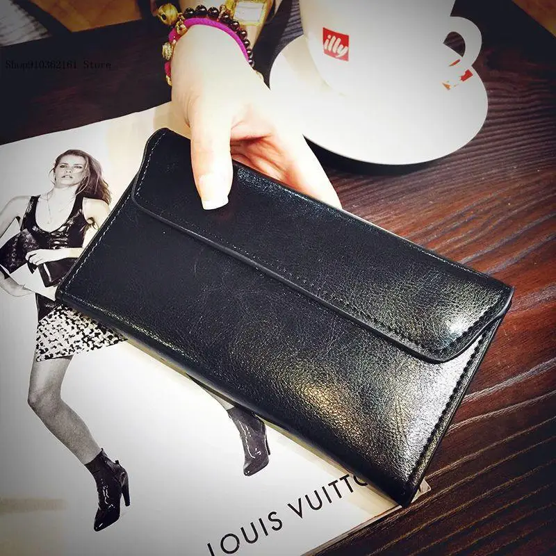 Genuine Leather Pure Color Long Korean Version Student Ultra-Thin Simple Ins Retro European and American Compact Wallet Women