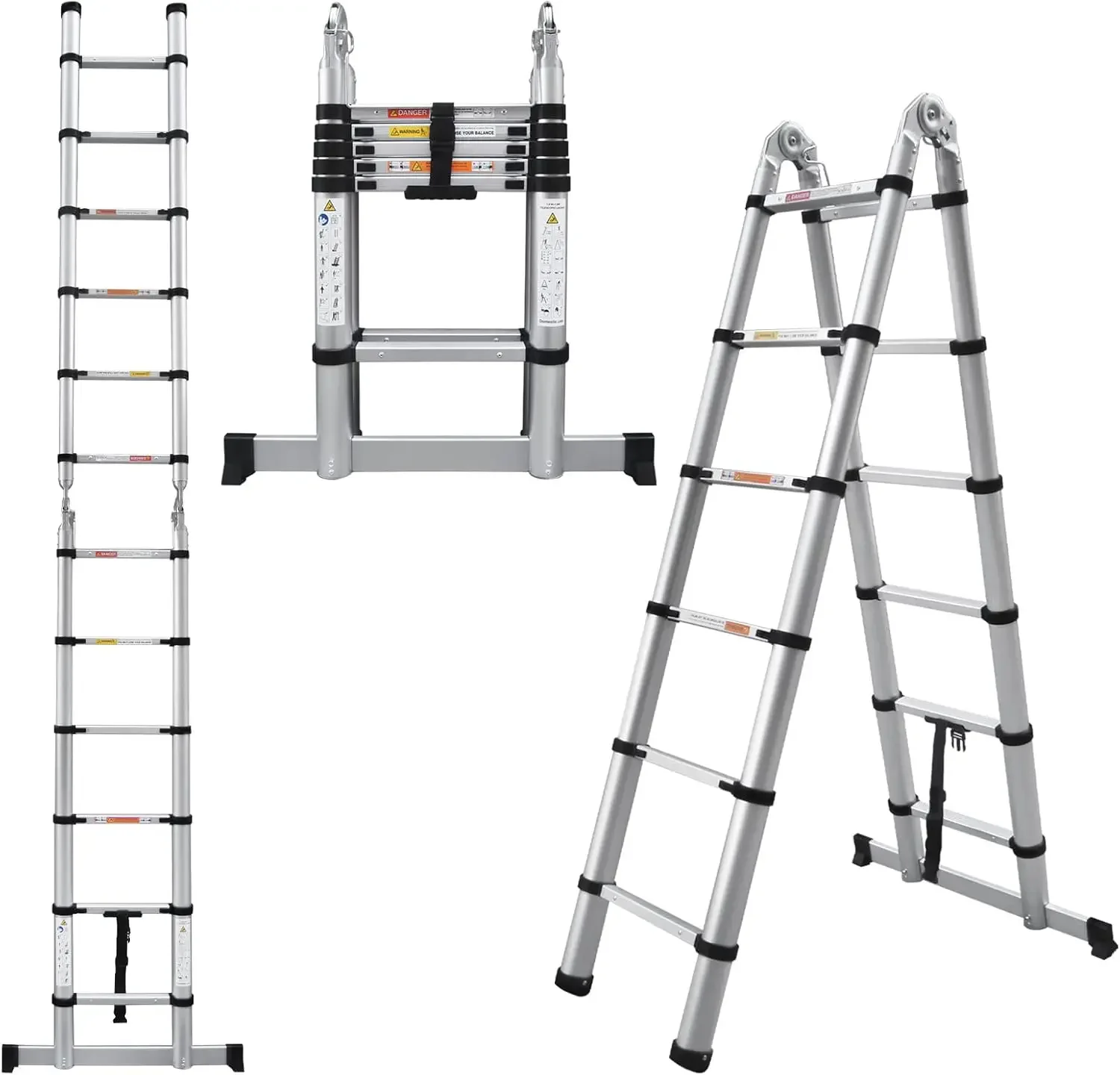 Telescoping Ladder 12.5ft, 2-in-1 Folding Ladder Adjustable Height 6 + 6 Steps, Home Ladder with Stabilizer Bar, 330lbs