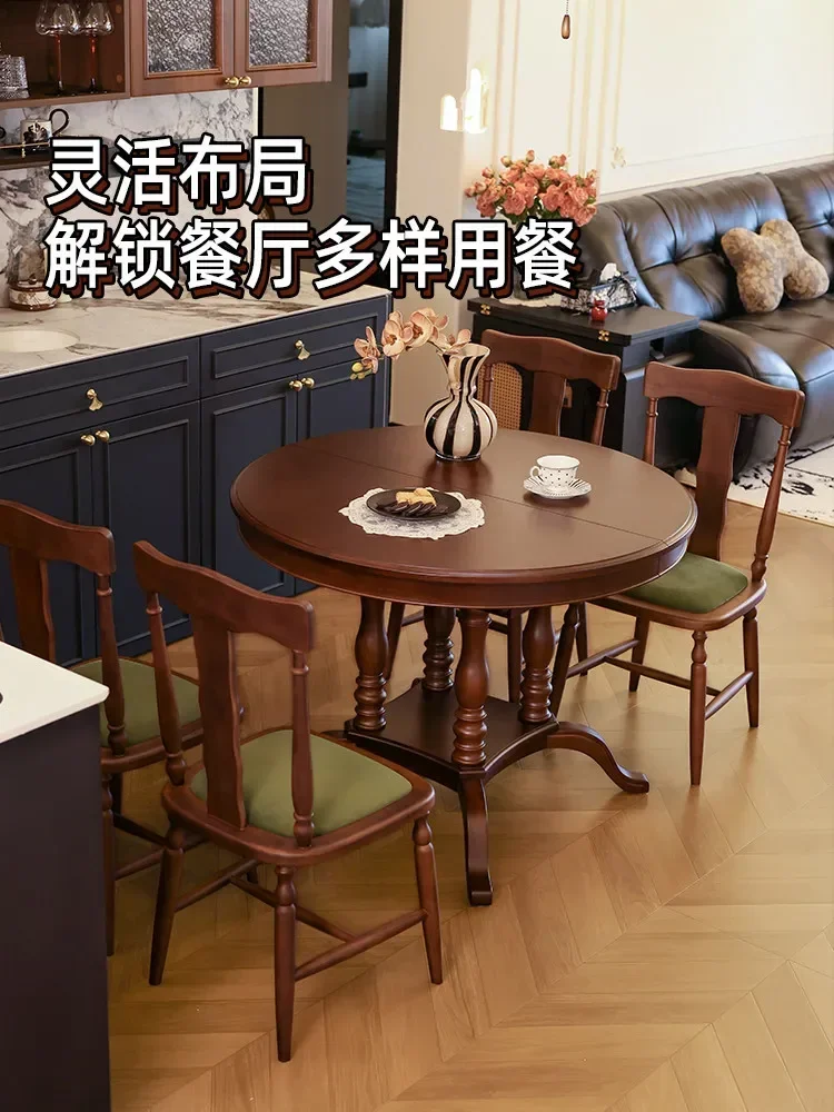 New American Retro Solid Wood Retractable Dining Table Home Foldable Round Dining TableD21