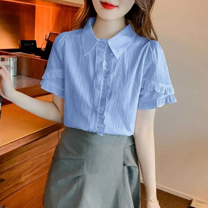 Women\'s Blouse Summer New Fashion Sweet Solid Color Polo-Neck Button Spliced Ruffles Puff Sleeve Loose Commuter Shirt Tops