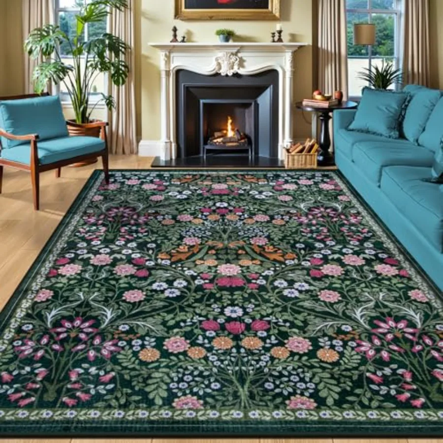 

8x10 Area Rugs for Living Room: Floral Washable Rug Vintage Large Soft Boho Non-Slip Carpet Indoor Floor Stain Resistant Carpet