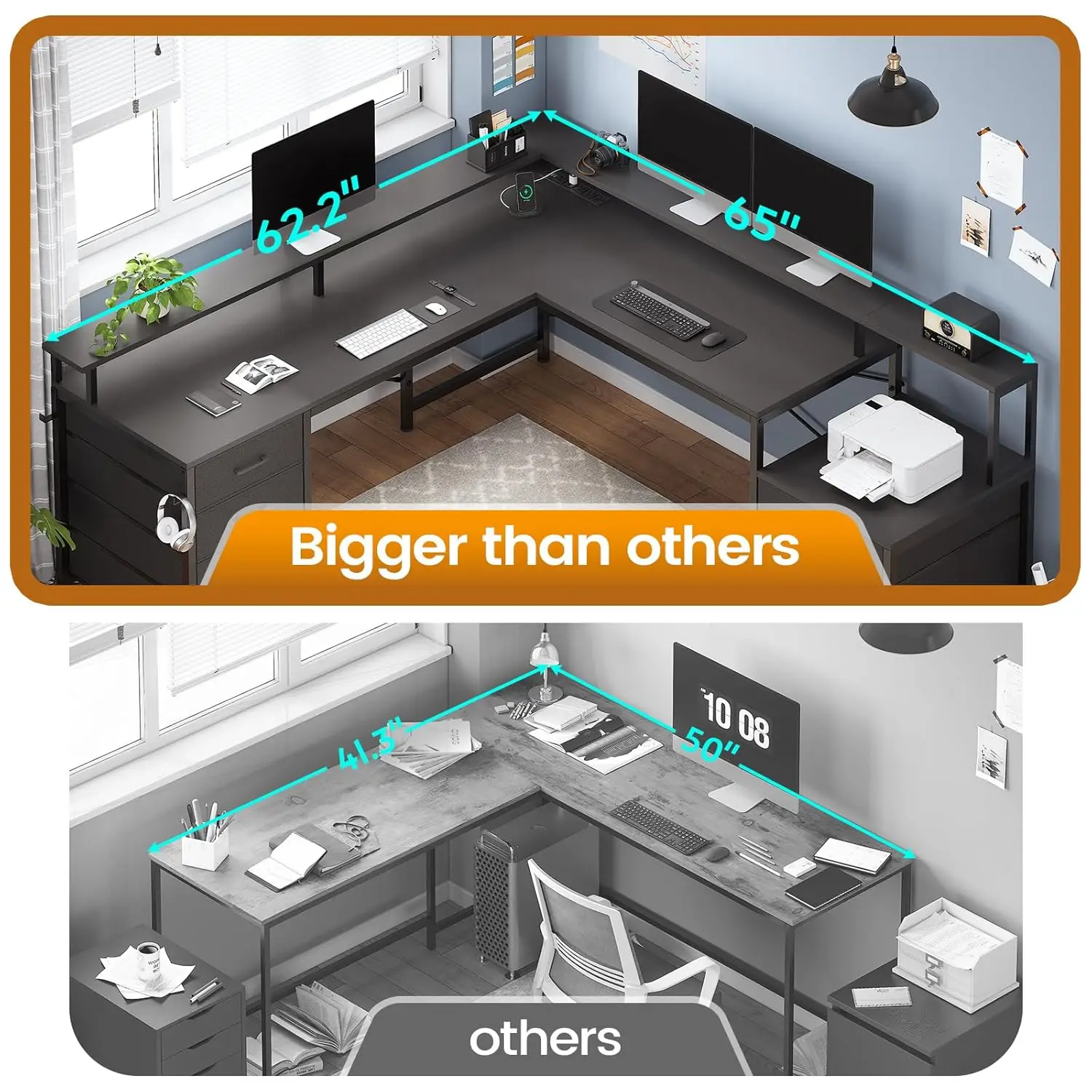 L Shaped Desk with 6 Drawer, 108" Home Office Desk with File Drawer & Power Outlet, Corner Computer Desk with Monitor Shelf, Fil